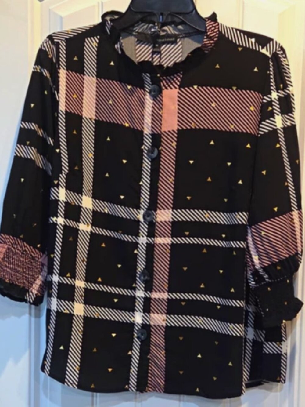 harvé benard Womens Plaid Collared 3/4 Sleeve Button-Down Rayon Blouse M